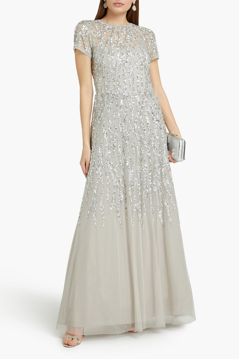 Aidan Mattox Embellished Tulle Gown In Silver