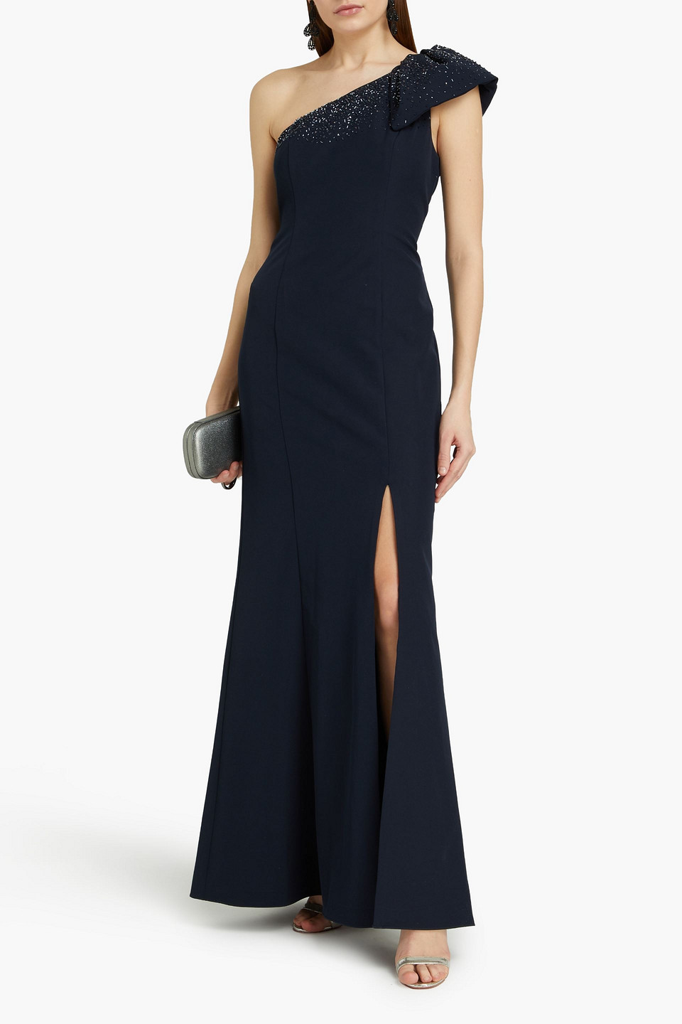 Aidan Mattox One-shoulder Embellished Crepe Gown In Midnight Blue