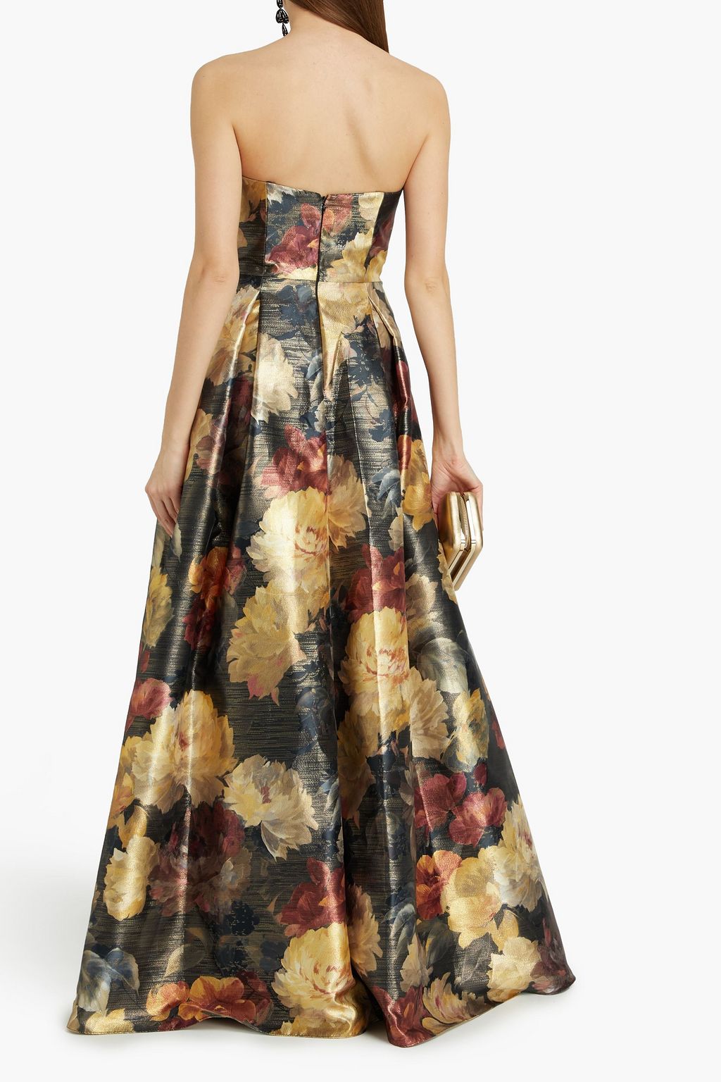 AIDAN MATTOX Strapless pleated printed jacquard gown