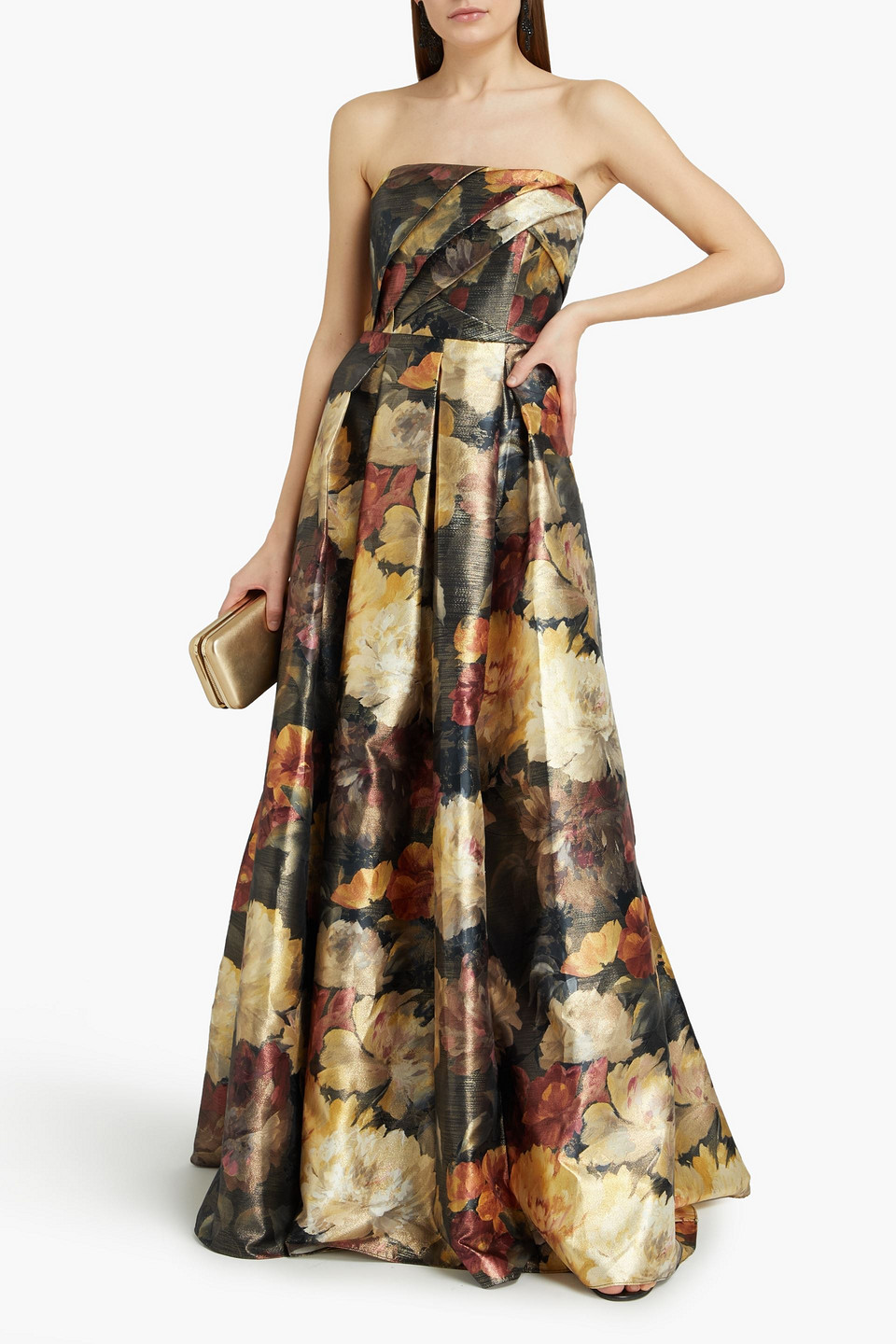 Aidan Mattox Strapless Pleated Printed Jacquard Gown In Gold