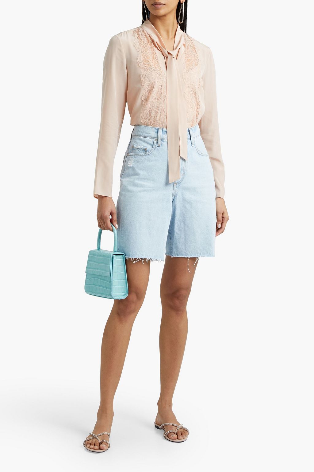REDVALENTINO Pussy-bow lace-paneled silk crepe de chine blouse