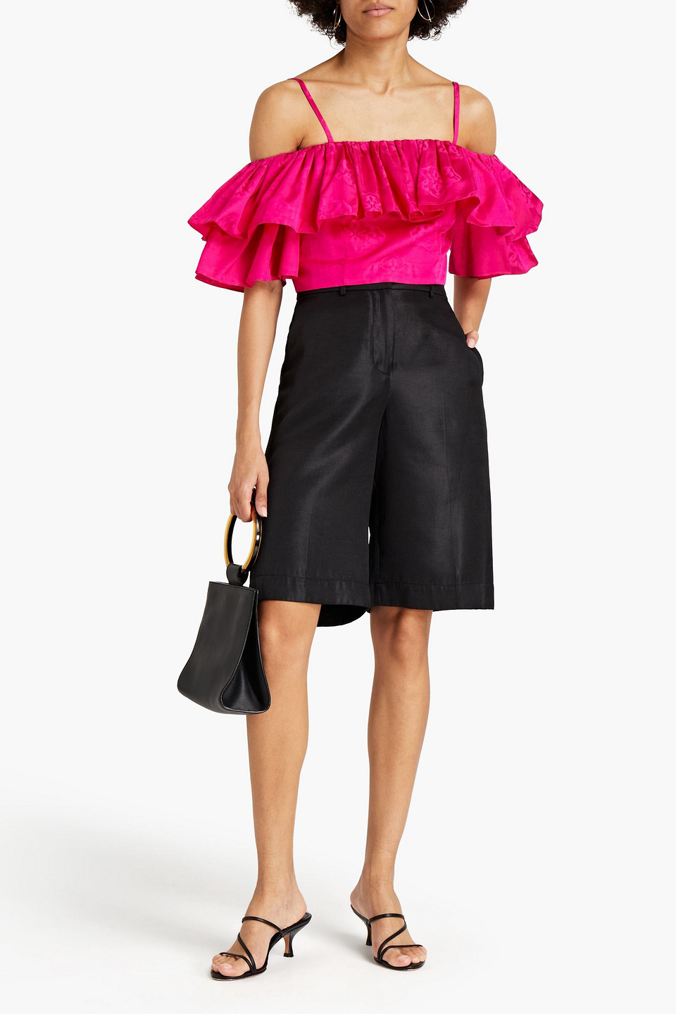 Sandro Hally Cropped Cold-shoulder Floral-jacquard Top In Fuchsia