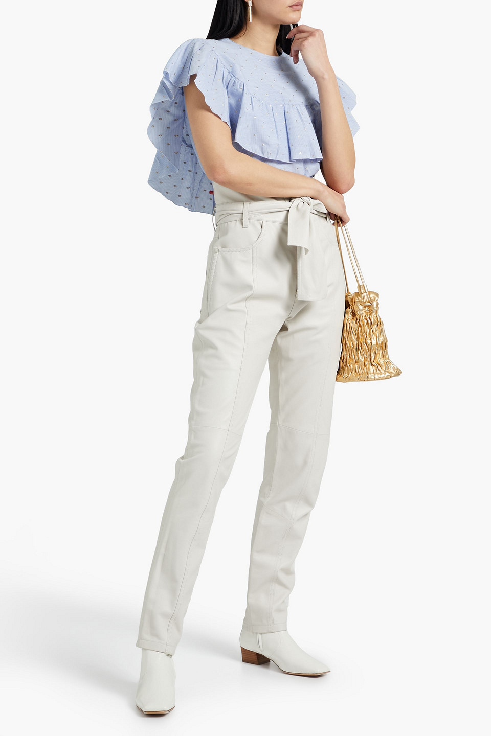 Red Valentino Ruffled Metallic Embroidered Striped Cotton-blend Top In Light Blue