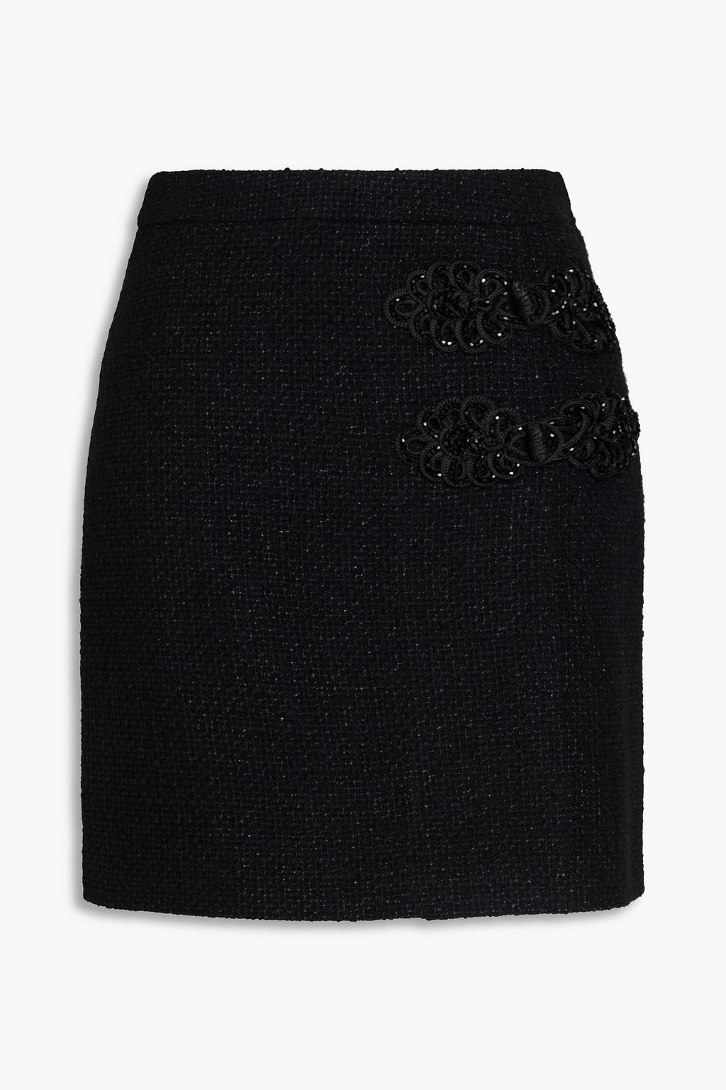 BOUTIQUE MOSCHINO Wrapeffect embellished metallic tweed mini skirt THE