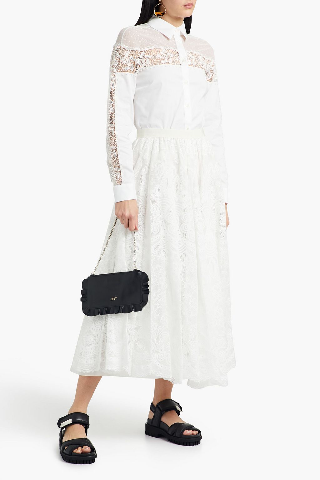 REDVALENTINO Gathered crocheted lace midi skirt