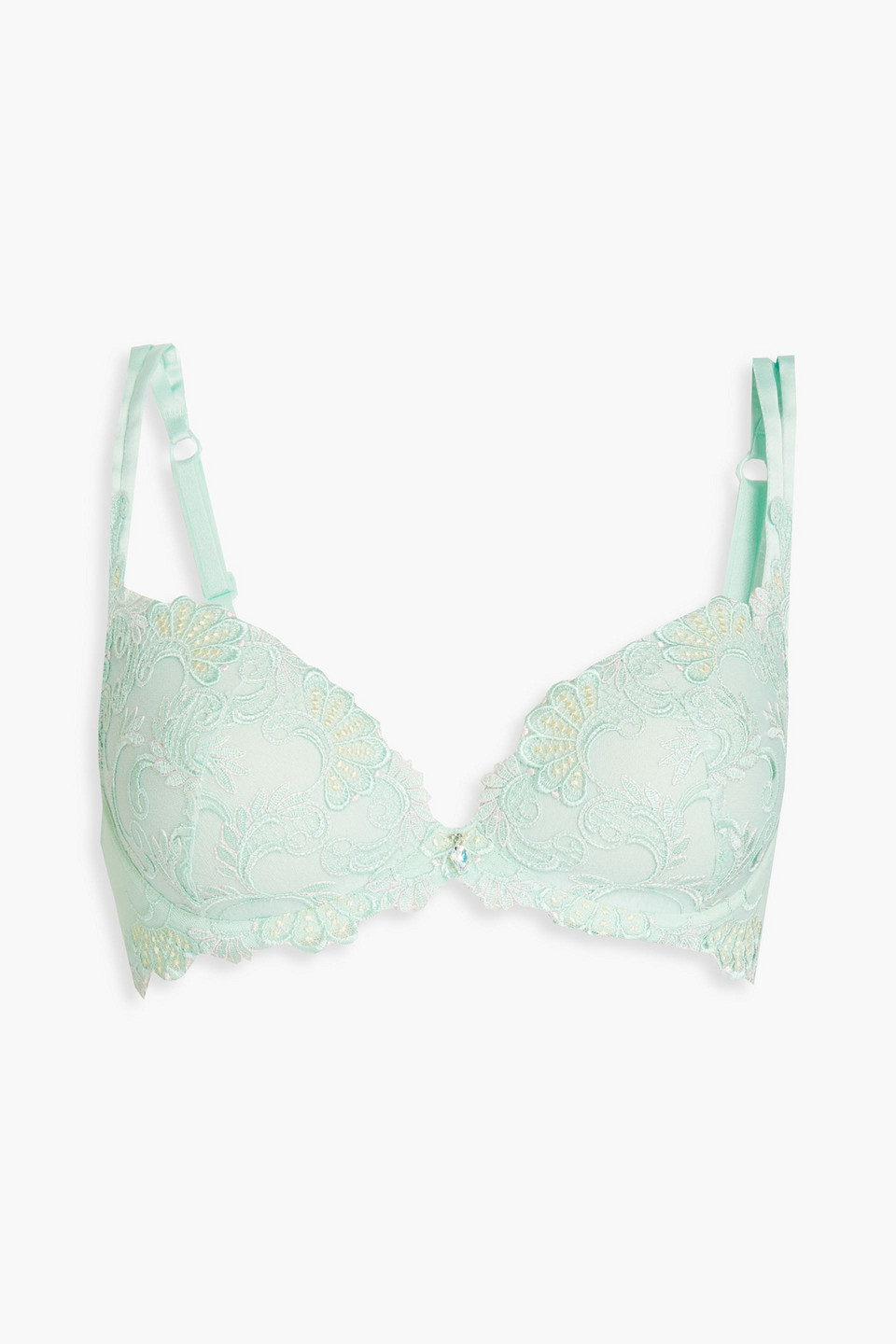 Lise Charmel Dressing Floral Embroidered Satin And Stretch-tulle Underwired Push-up Bra In Blue