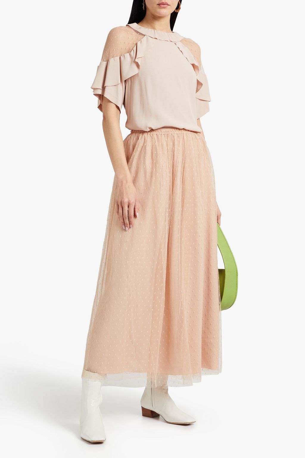 REDVALENTINO Ruffled point d'esprit-paneled crepe top