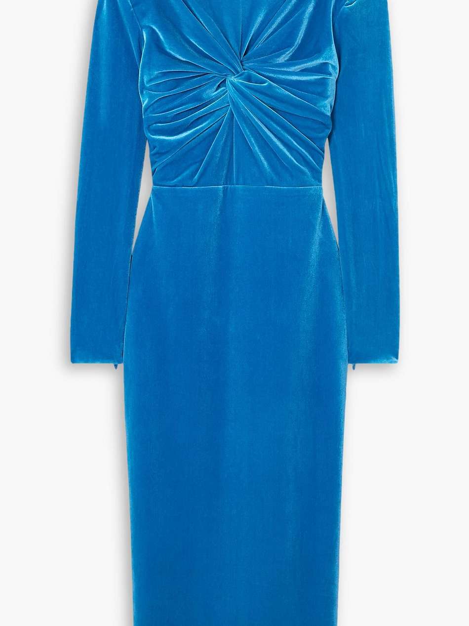 preston twisted velvet turtleneck midi dress