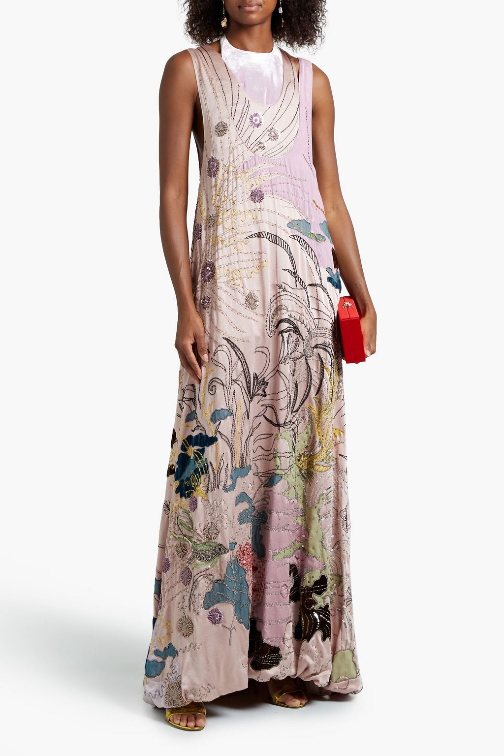 VALENTINO GARAVANI Velvet-paneled embellished satin-crepe gown