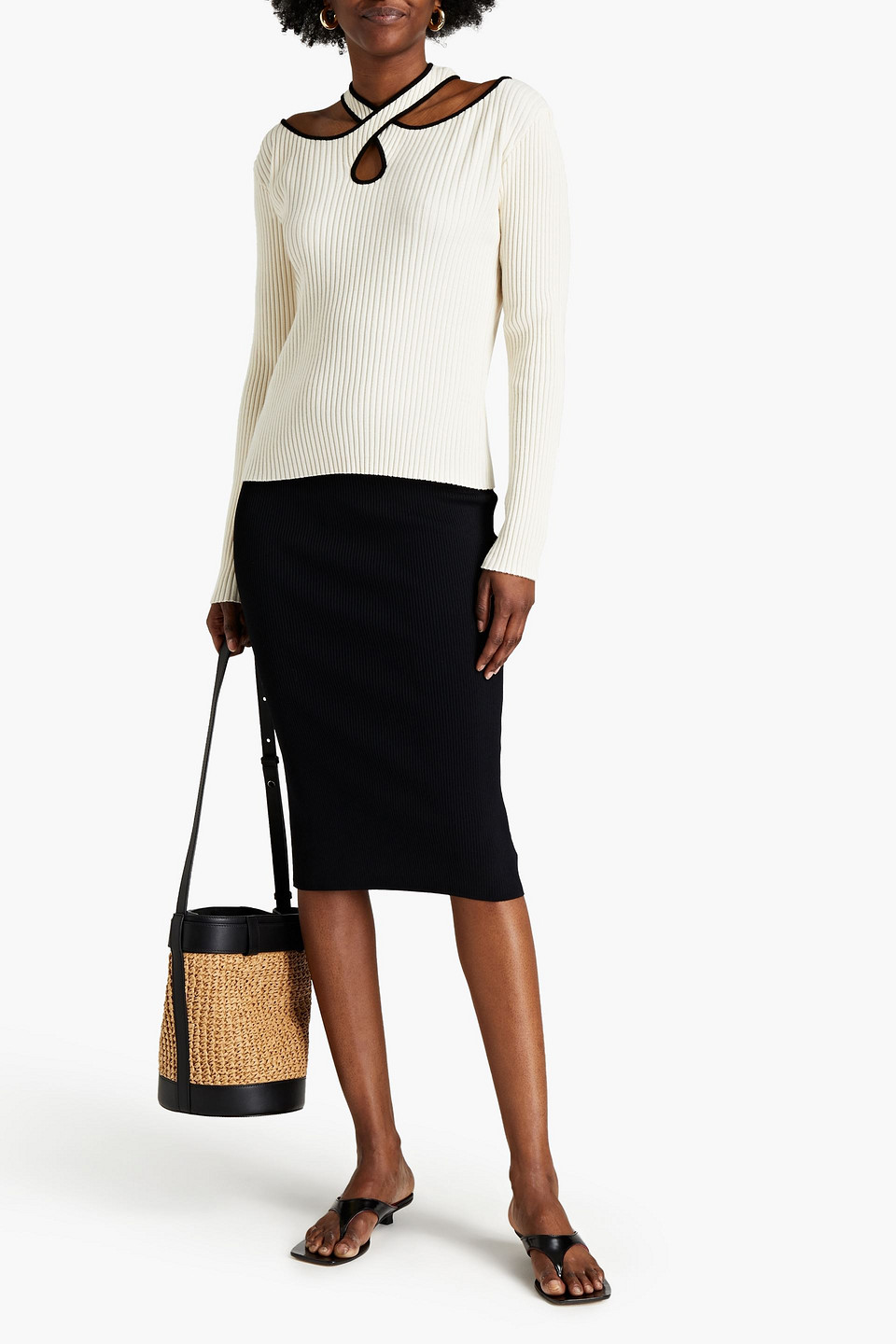 Wynn Hamlyn Cutout Ribbed Two-tone Wool Jumper In Neutrals