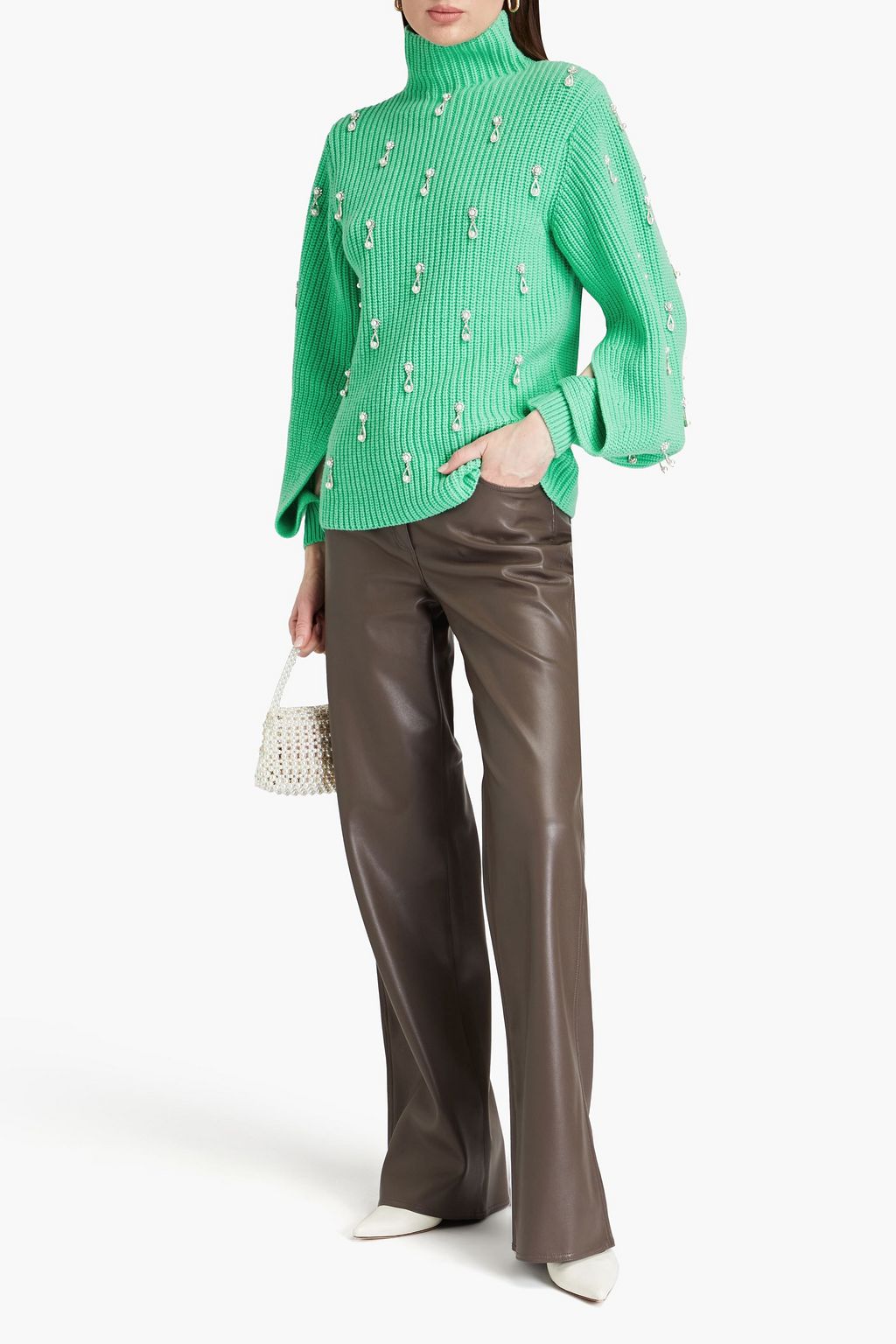 OSCAR DE LA RENTA Embellished ribbed wool turtleneck sweater