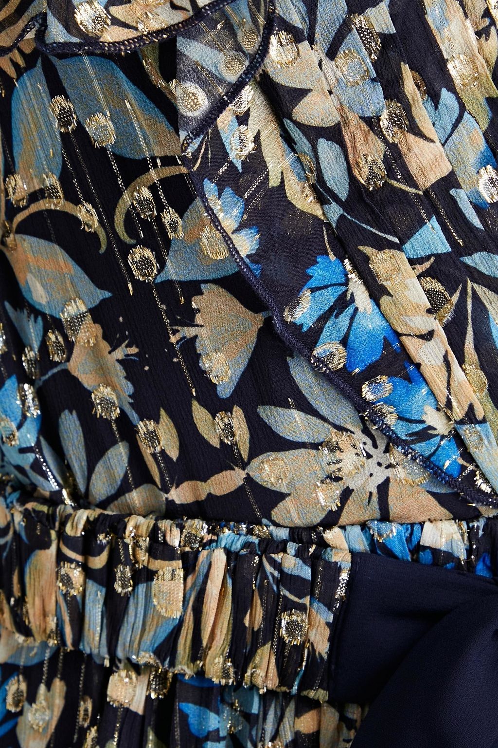ML MONIQUE LHUILLIER Ruffled floral-print metallic fil coupé midi dress