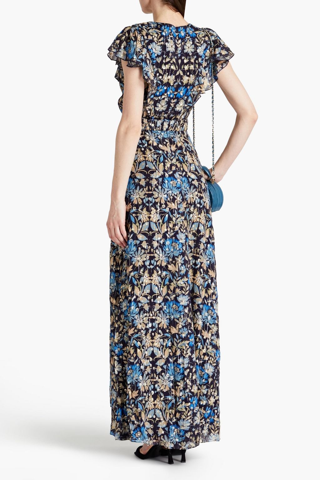ML MONIQUE LHUILLIER Ruffled floral-print metallic fil coupé midi dress