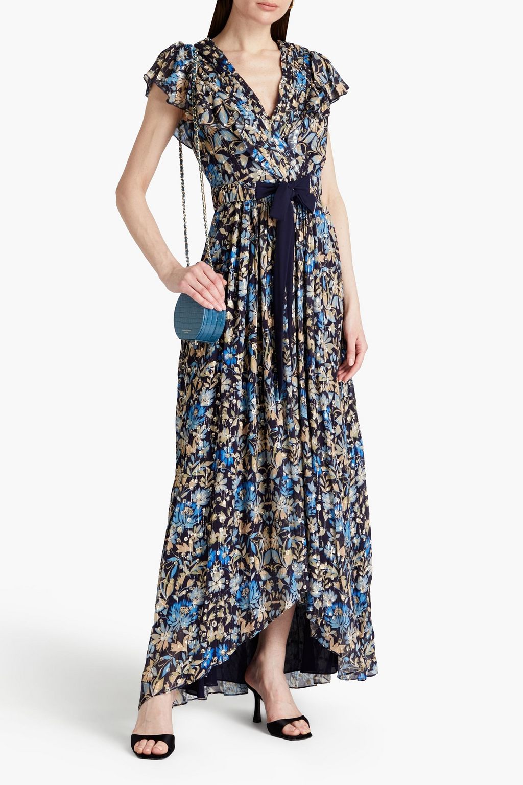 ML MONIQUE LHUILLIER Ruffled floral-print metallic fil coupé midi dress