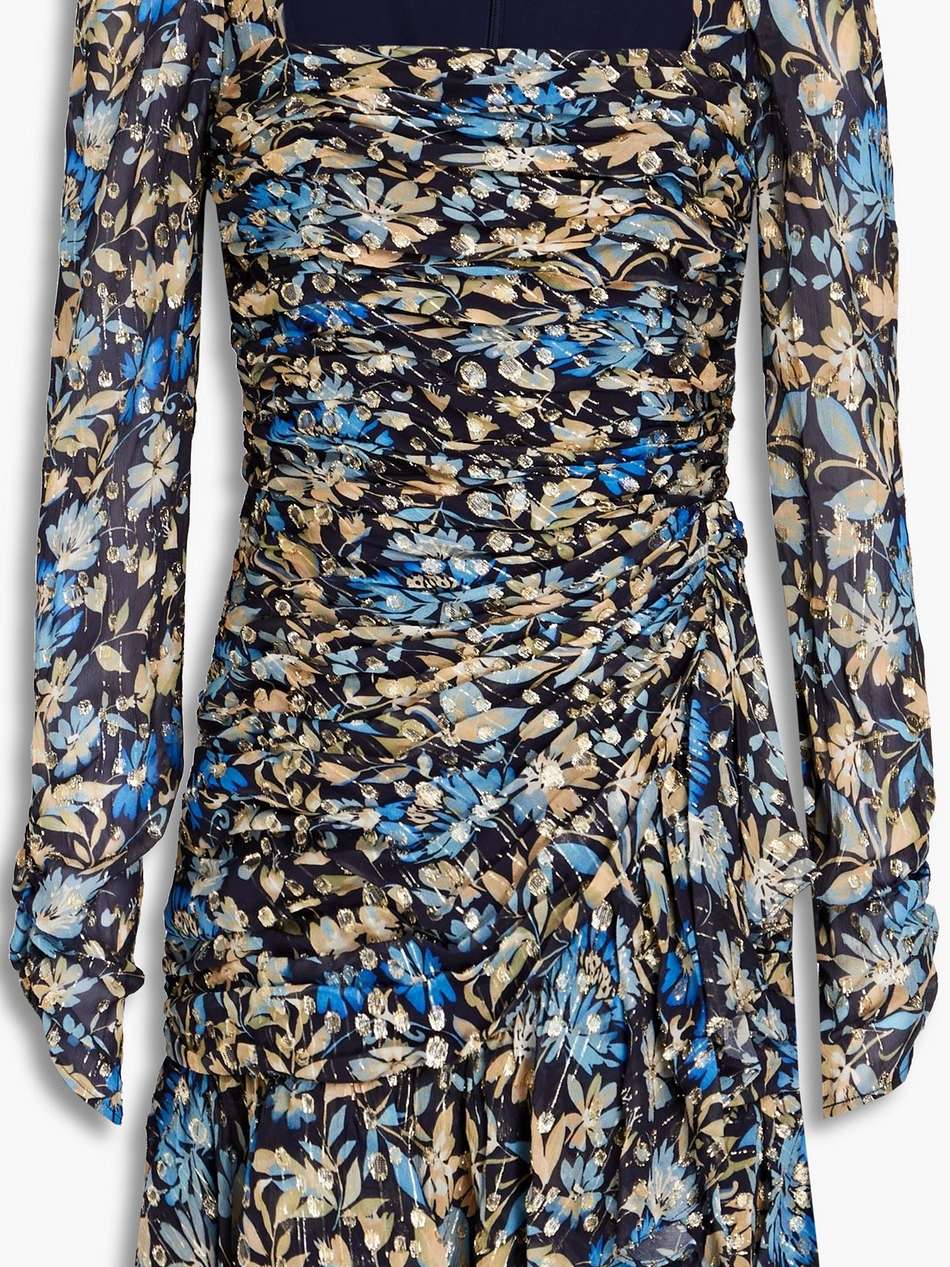 ruched floral-print metallic fil coupé mini dress