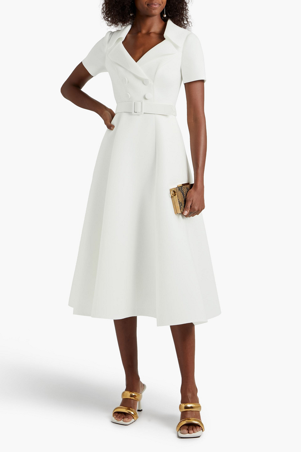 Badgley Mischka Belted Button-embellished Ponte Dress In Ivory | ModeSens