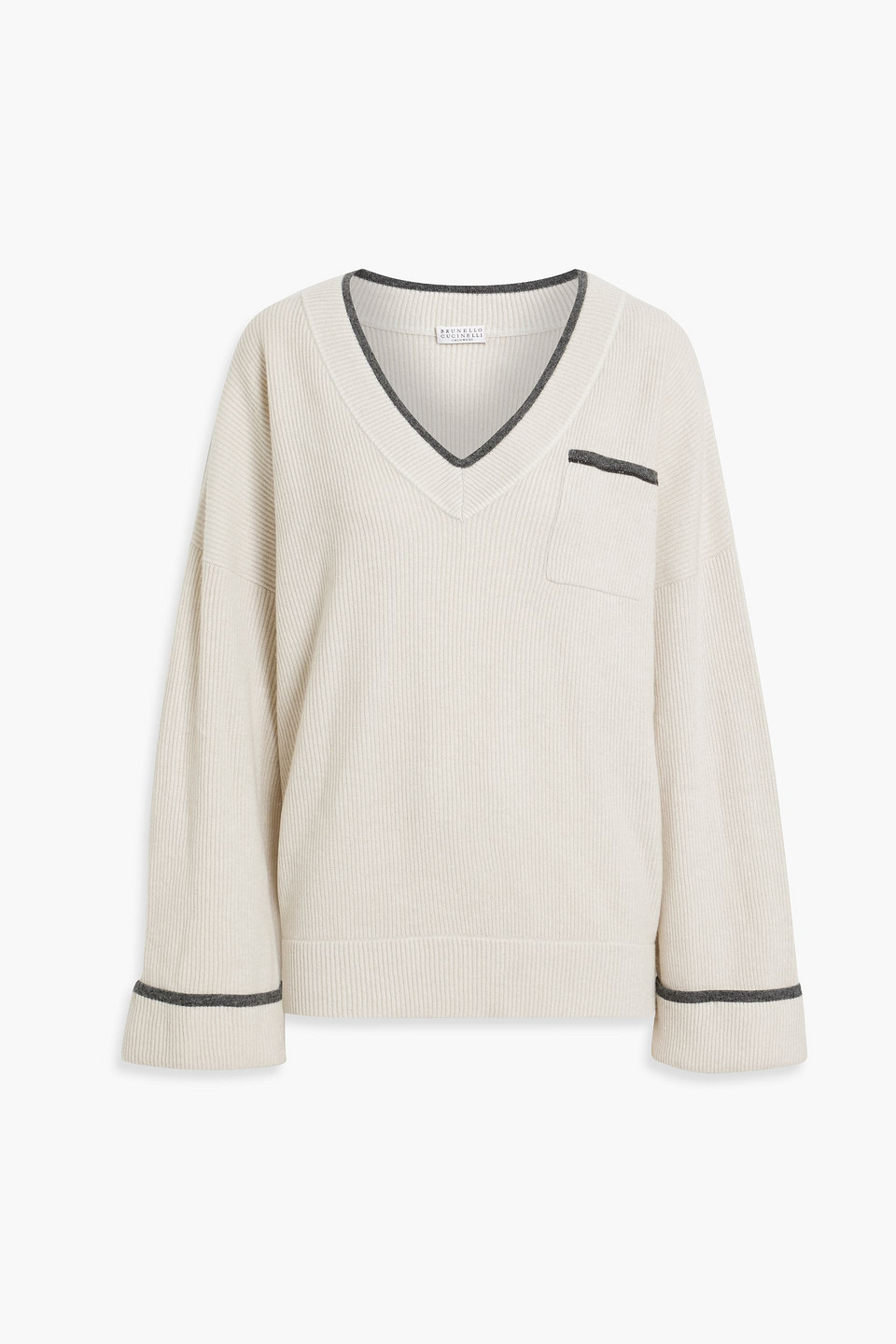 Brunello Cucinelli Bead-embellished Ribbed Cashmere Sweater In Ecru