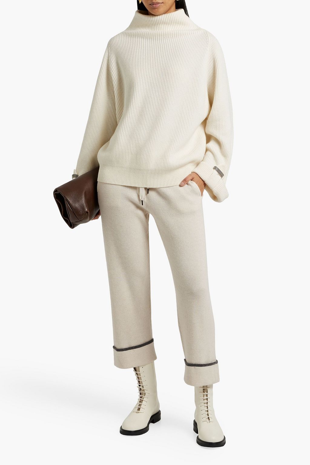 BRUNELLO CUCINELLI 리브 캐시미어 크롭 스트레이트 레그 트랙 팬츠