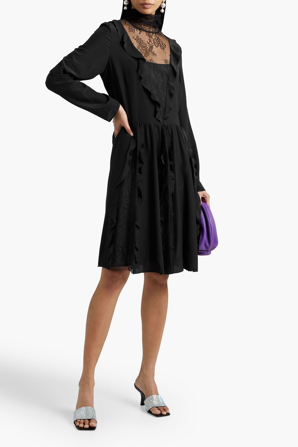 REDVALENTINO Ruffled Chantilly lace and silk crepe de chine dress