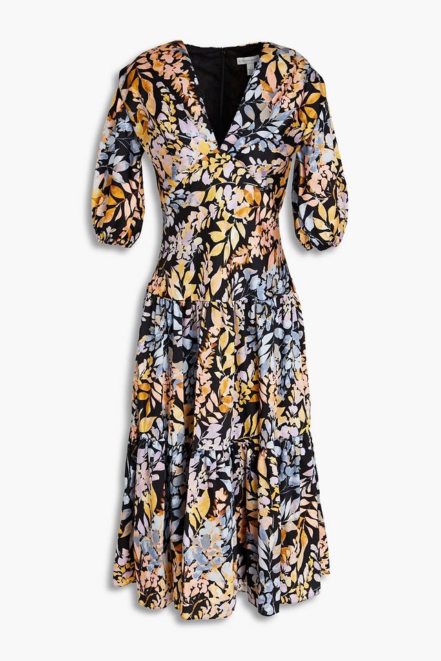 Gathered floral-print satin-twill midi dress