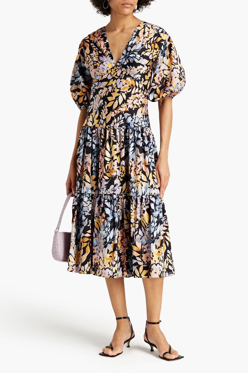 ML MONIQUE LHUILLIER サテンツイル ミディワンピース ギャザー入り フローラルプリント