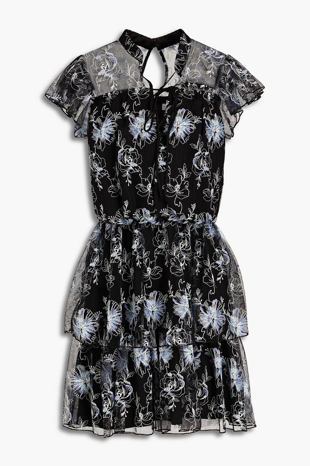 Tiered embroidered tulle mini dress