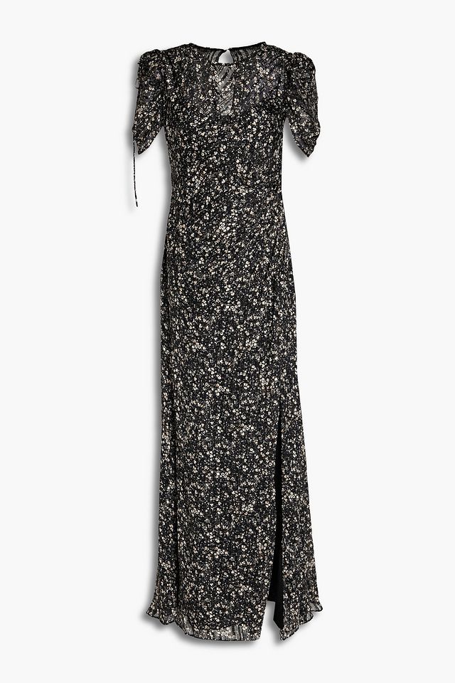 Gathered floral-print jacquard maxi dress