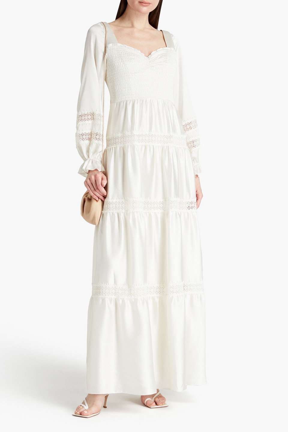 ml Monique Lhuillier Lace-trimmed Shirred Hammered-satin Maxi Dress In Off-white