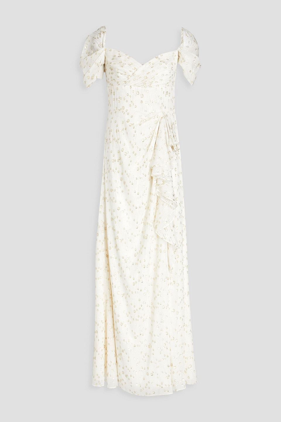 Draped metallic fil coupé gown