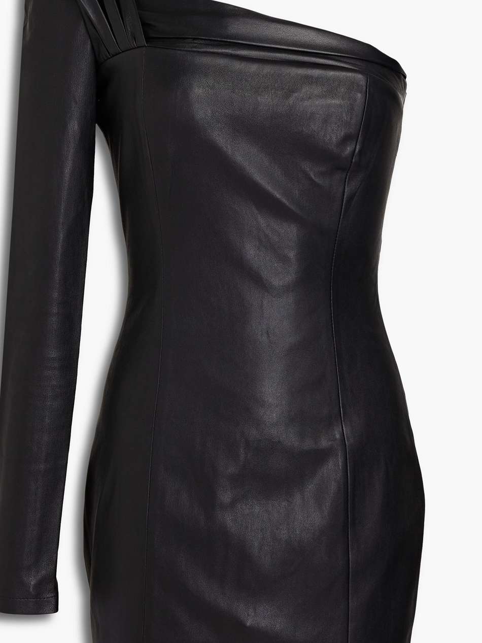 one-shoulder gathered stretch-leather mini dress