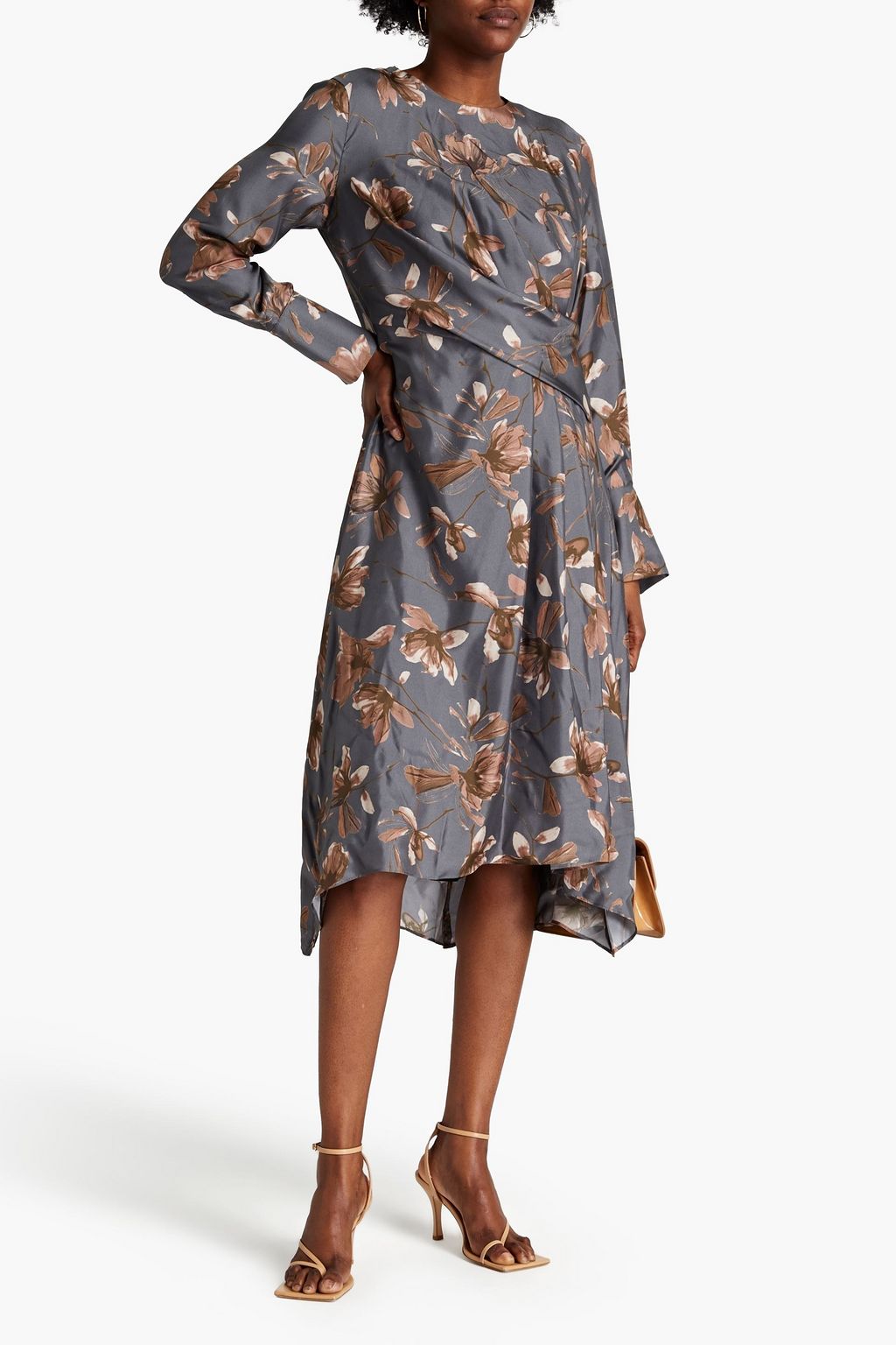 BRUNELLO CUCINELLI Draped floral-print silk-twill midi dress