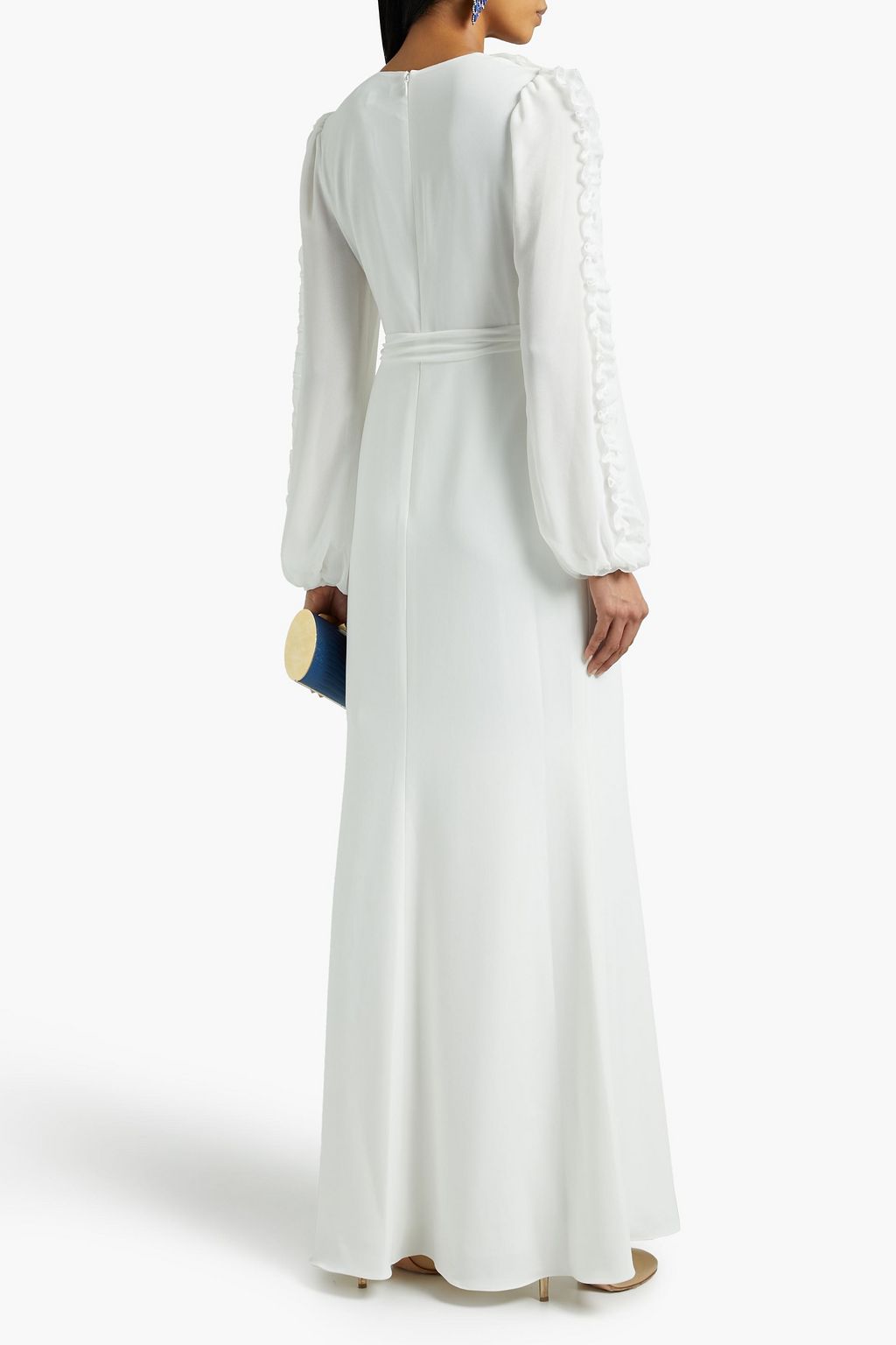 BADGLEY MISCHKA Belted ruffled chiffon-paneled crepe gown