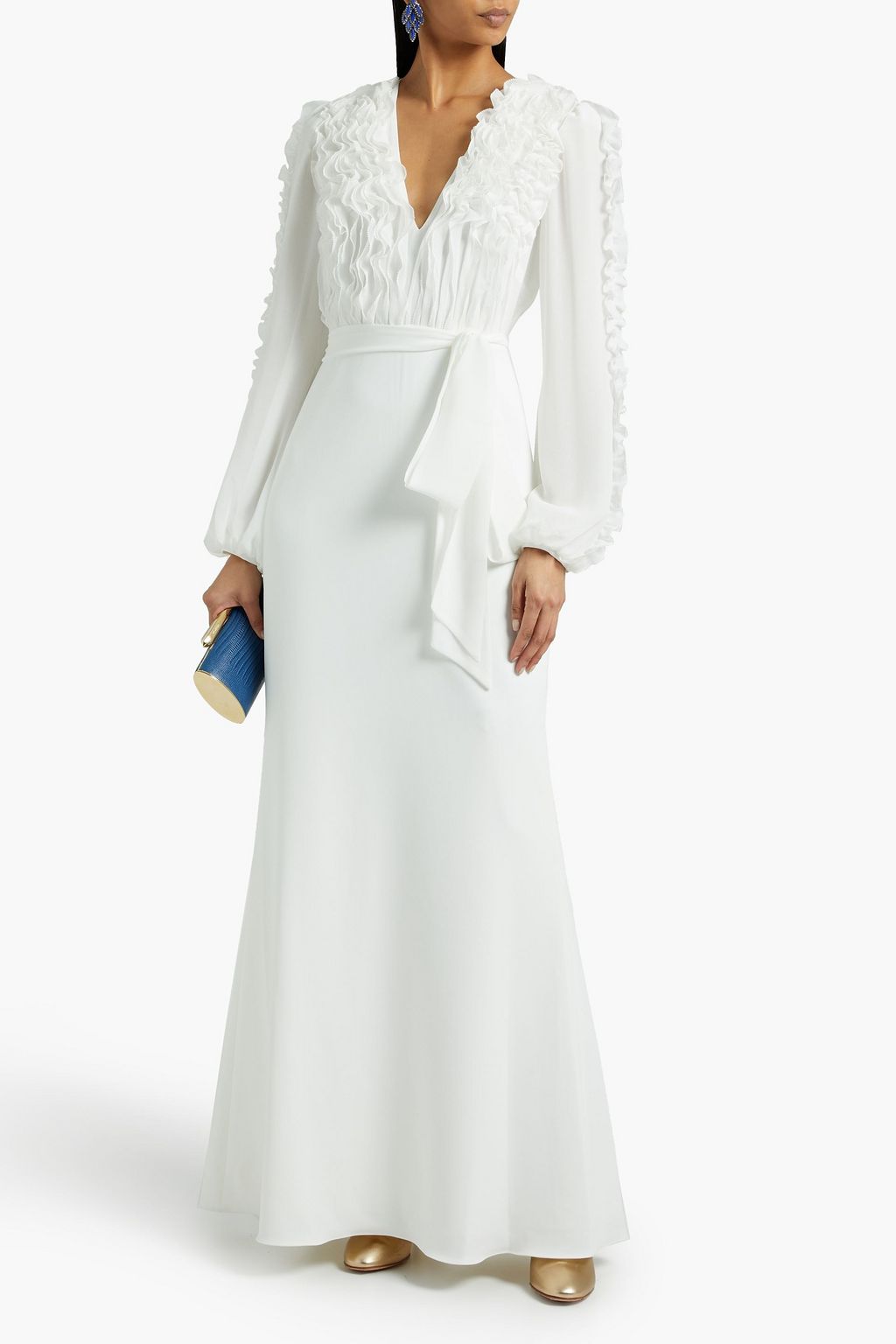 BADGLEY MISCHKA Belted ruffled chiffon-paneled crepe gown
