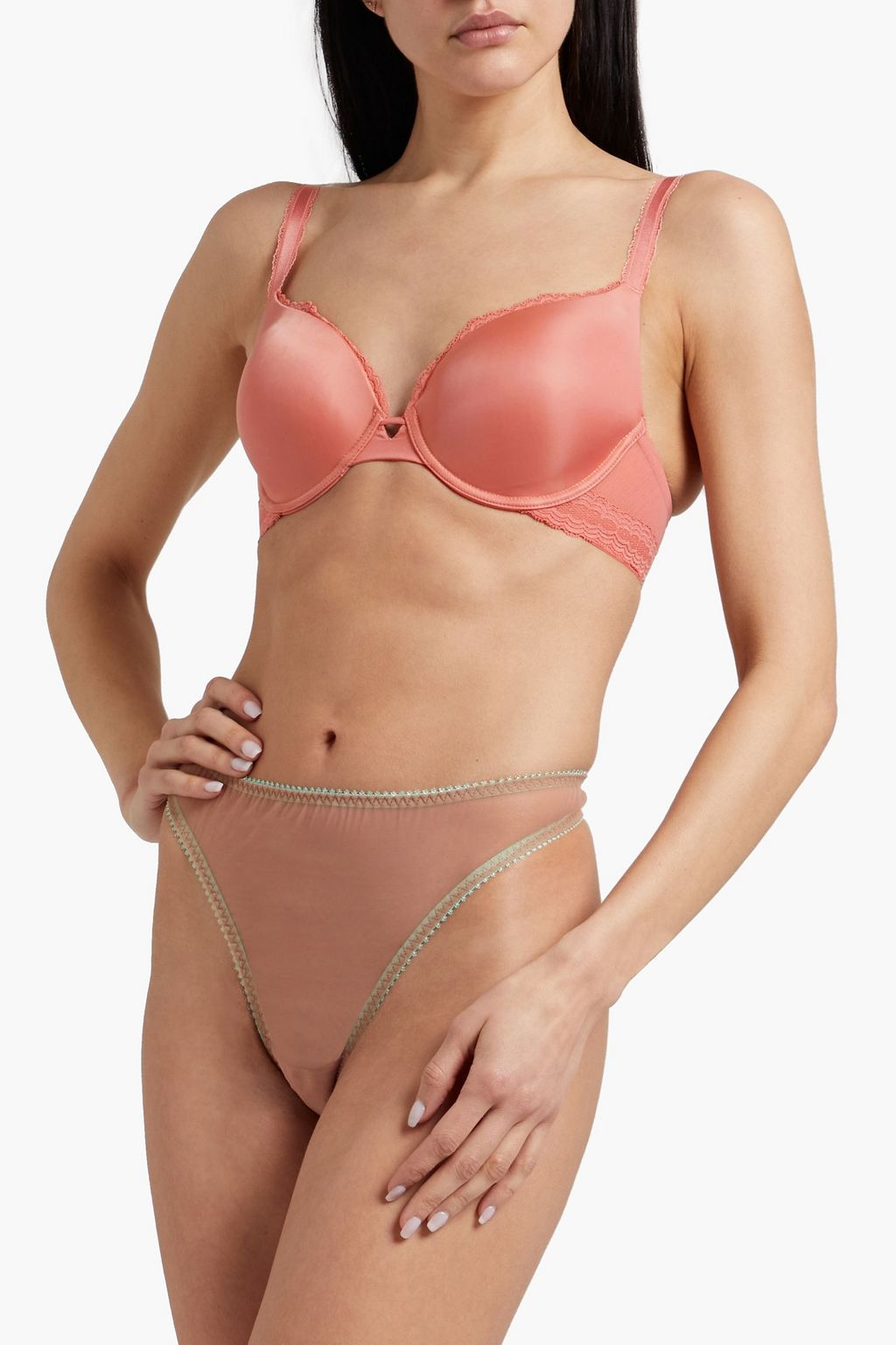 DORA LARSEN Picot-trimmed stretch-tulle high-rise thong