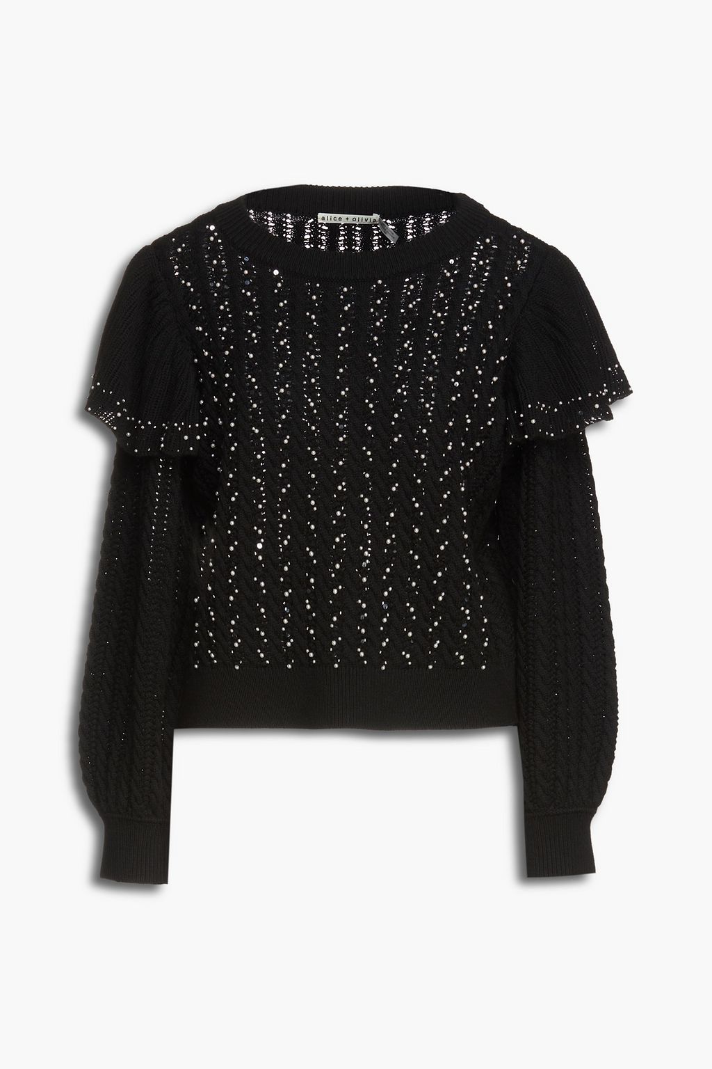 Alice Olivia - Rosi Ruffled Cable-Knit Wool-Blend Sweater Black - Xs