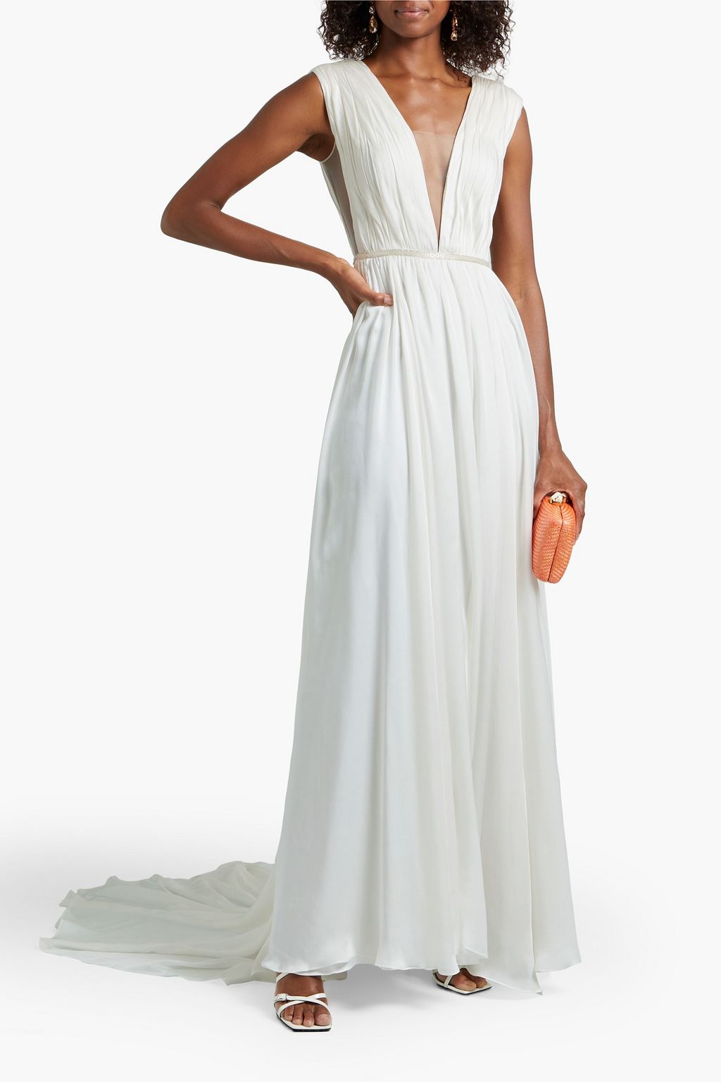 THEIA Open-back bead-embellished silk crepe de chine bridal gown