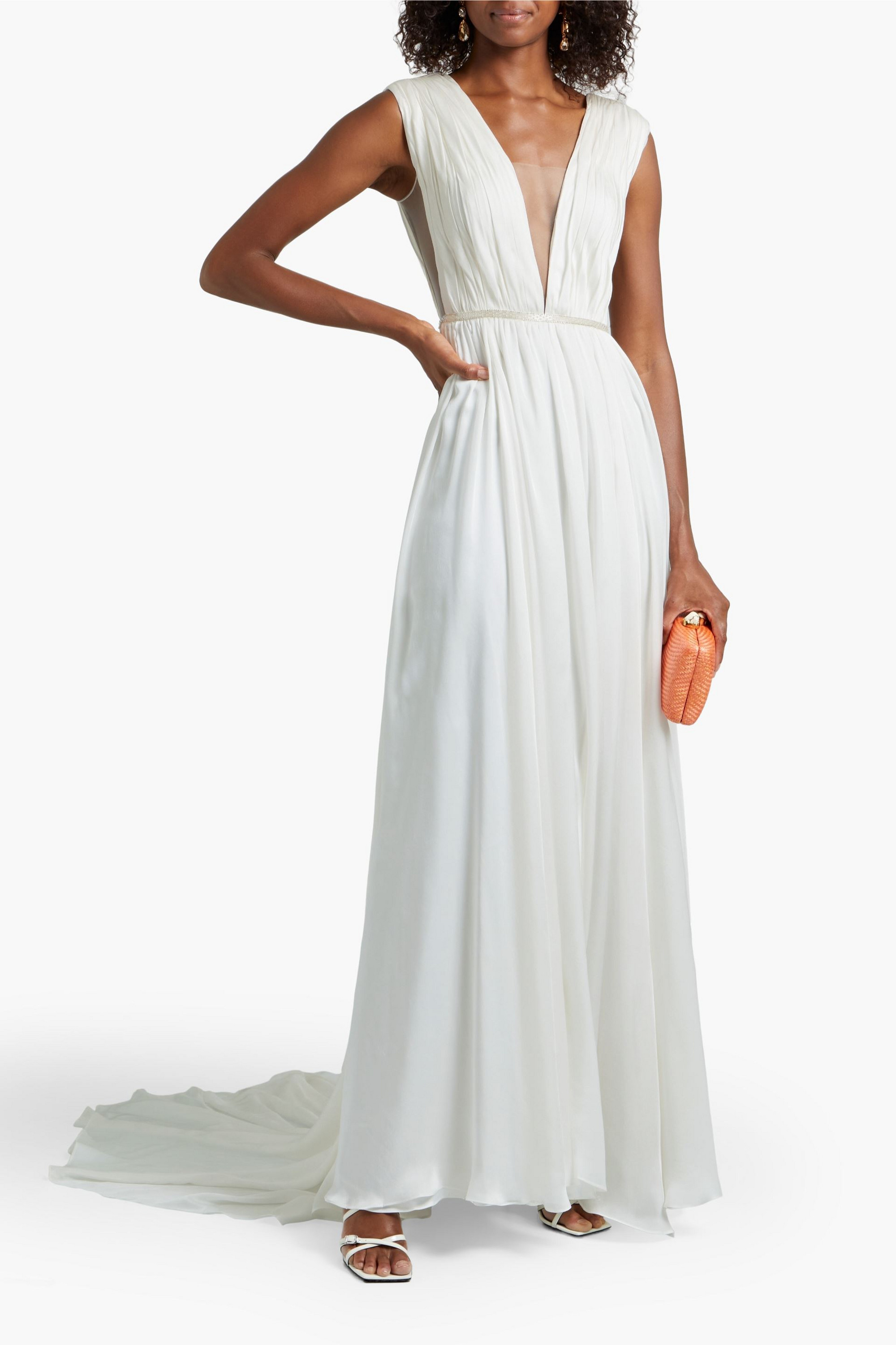 THEIA Open-back bead-embellished silk crepe de chine bridal gown