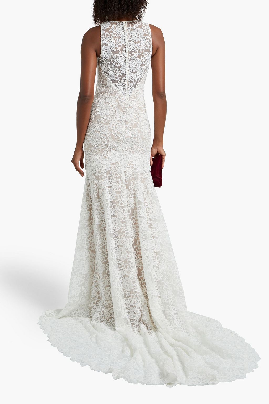 THEIA Button-embellished tulle and corded lace bridal gown