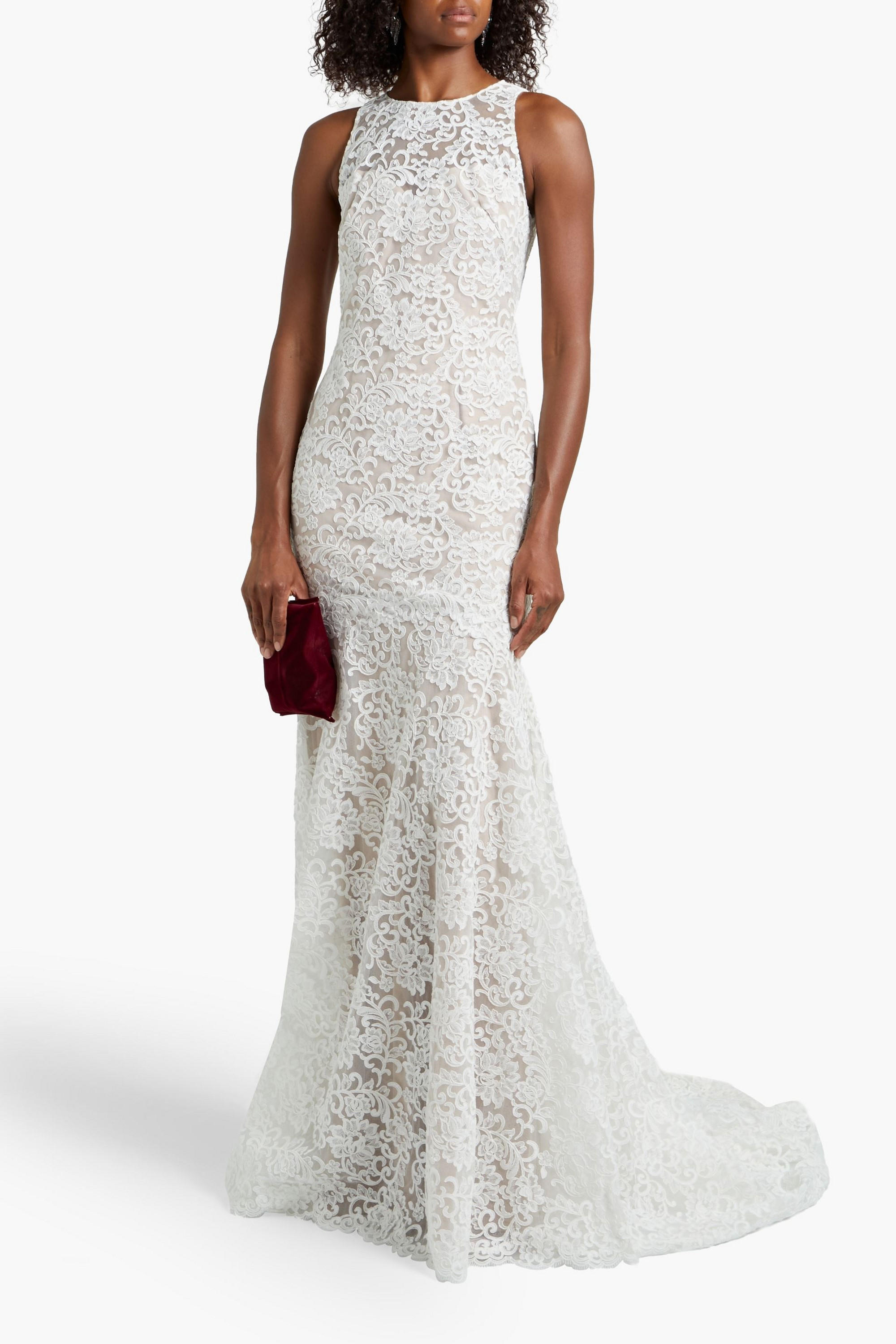 THEIA Button-embellished tulle and corded lace bridal gown