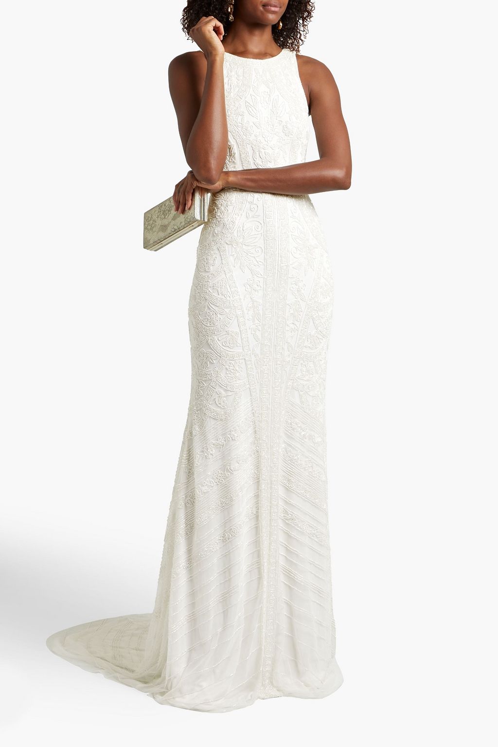 THEIA Open-back bead-embellished tulle bridal gown