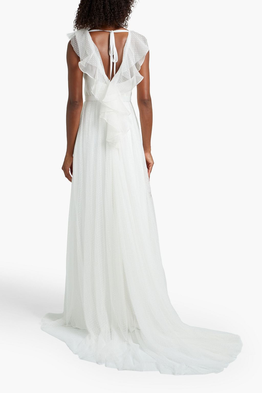 THEIA Belted tie-back organza-trimmed point d'esprit bridal gown