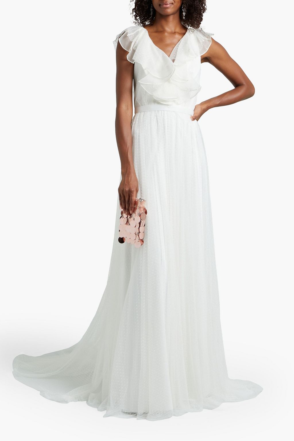 THEIA Belted tie-back organza-trimmed point d'esprit bridal gown