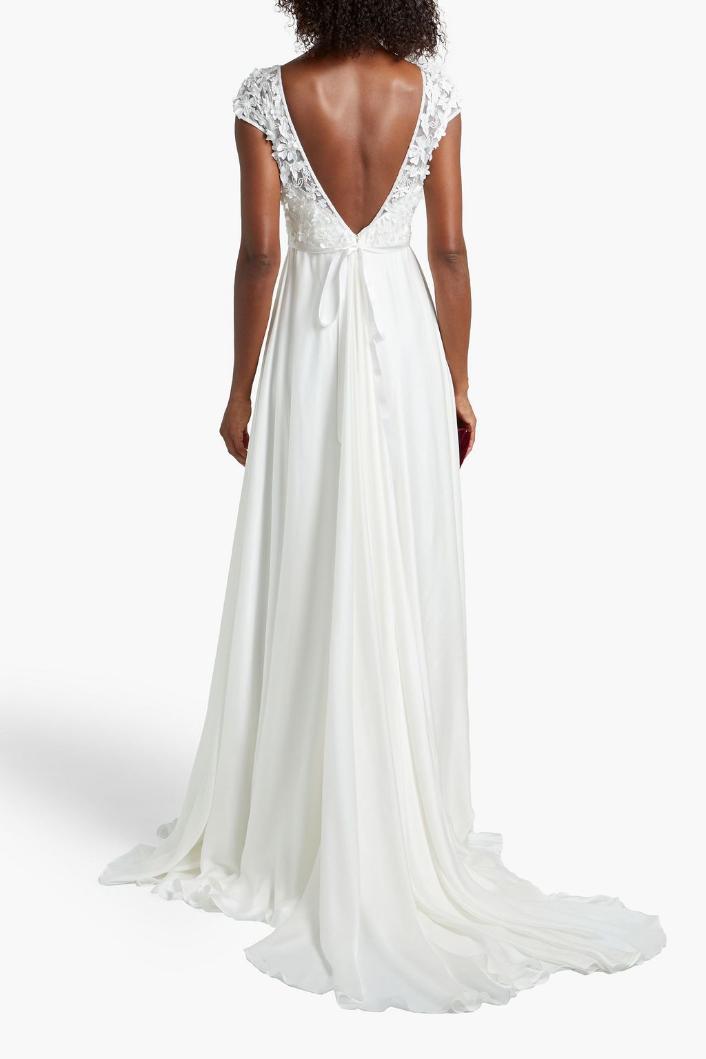 THEIA Belted floral-appliquéd tulle and silk-satin bridal gown