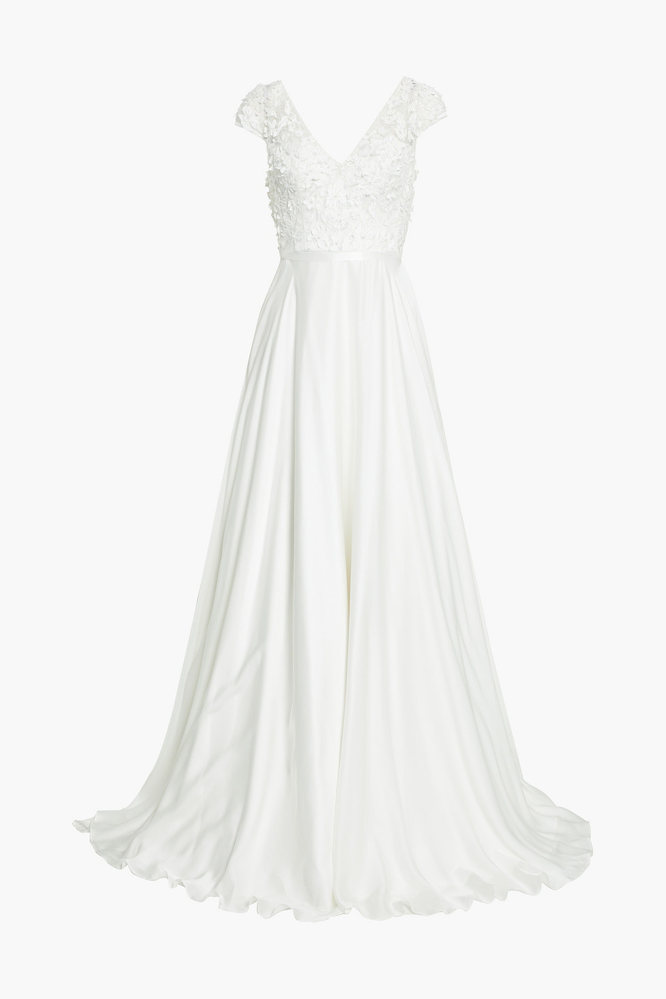 Belted floral-appliquéd tulle and silk-satin bridal gown