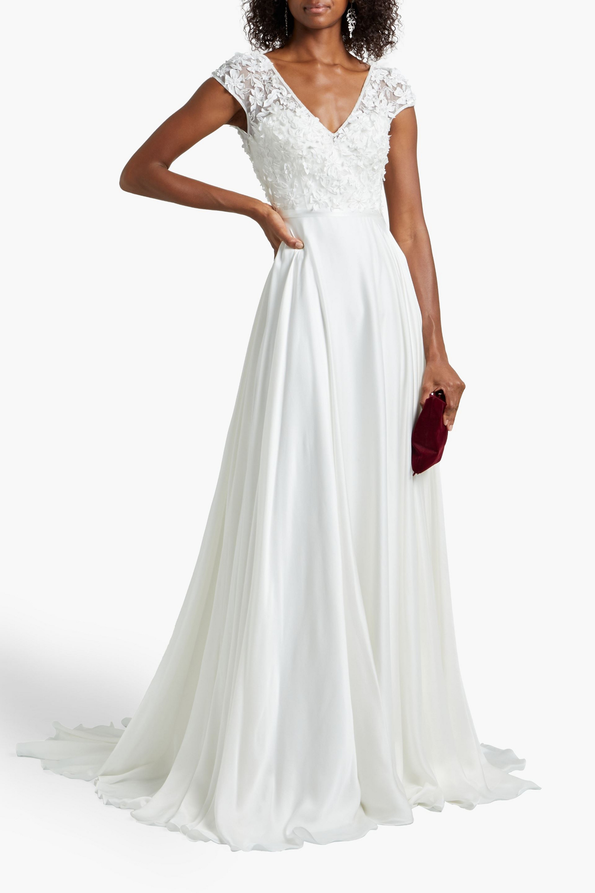 THEIA Belted floral-appliquéd tulle and silk-satin bridal gown