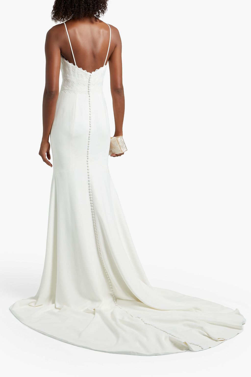 THEIA Button-embellished embroidered lace and crepe bridal gown