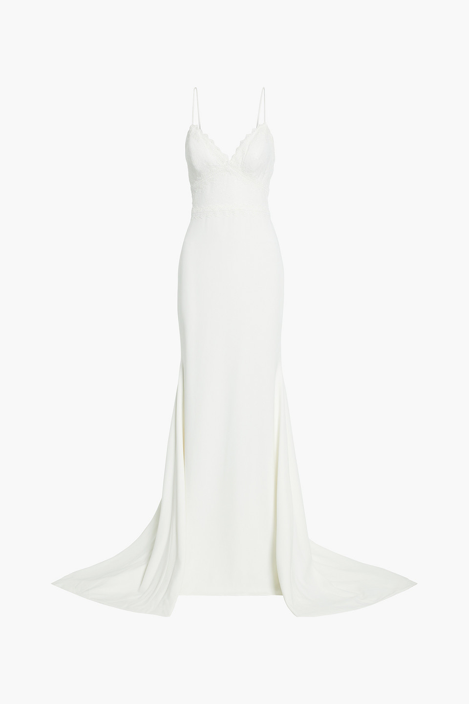 Button-embellished embroidered lace and crepe bridal gown