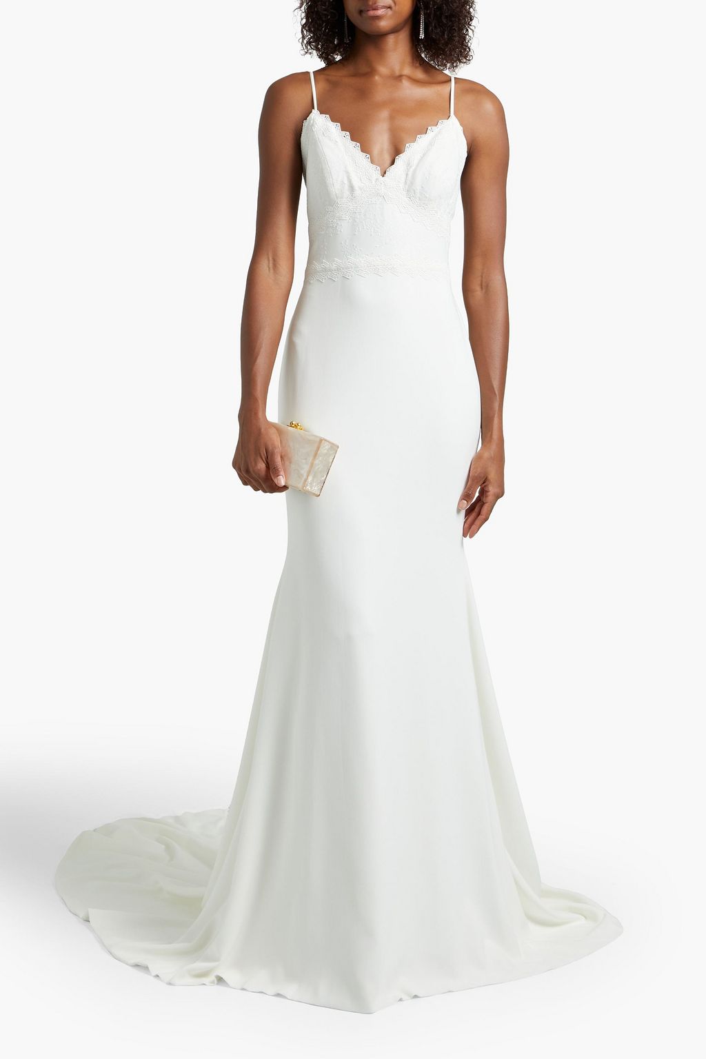 THEIA Button-embellished embroidered lace and crepe bridal gown