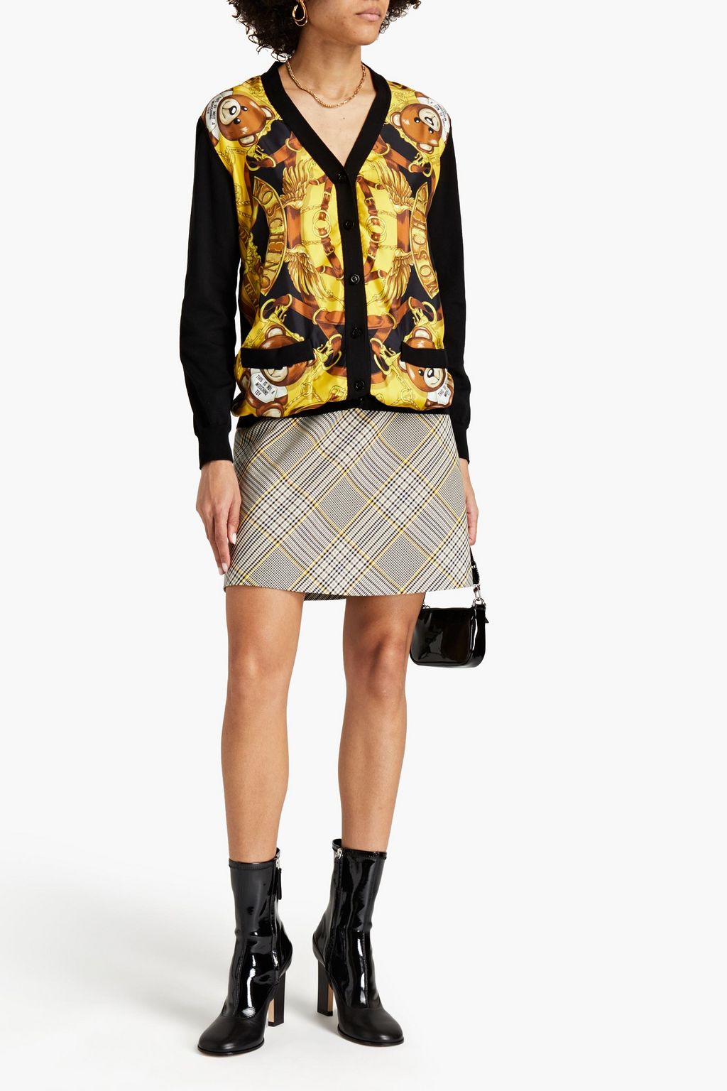 MOSCHINO Printed silk-twill paneled cotton cardigan