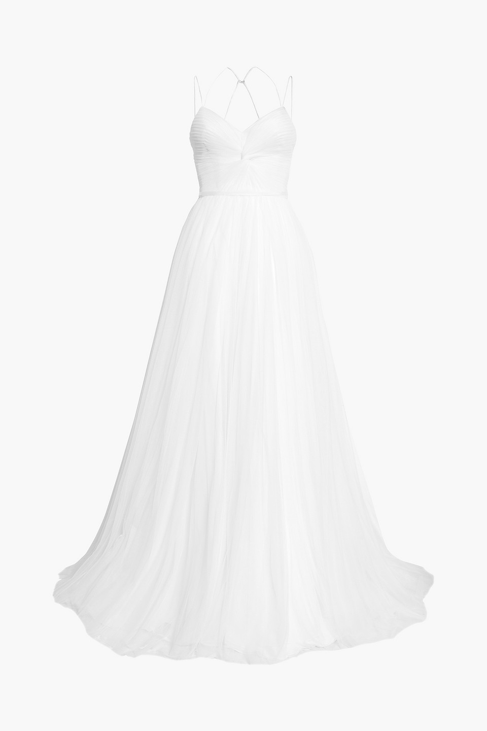 Belted twist-front pleated tulle bridal gown